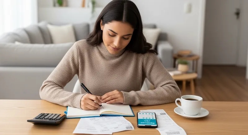 A imagem mostra uma jovem brasileira sentada à mesa de casa organizando suas finanças de forma simples e prática.